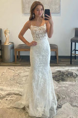 2024 White Lace Prom Dresses Square Neck Long Backless Mermaid Formal Dress UK