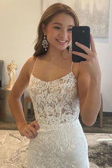 2024 White Lace Prom Dresses Square Neck Long Backless Mermaid Formal Dress UK