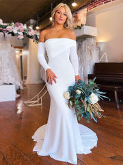 2024 White Satin Prom Dresses Long Sleeves Mermaid Wedding Dress Ruched