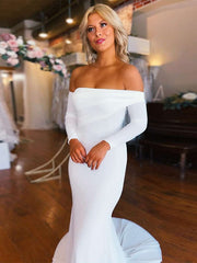 2024 White Satin Prom Dresses Long Sleeves Mermaid Wedding Dress Ruched