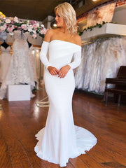 2024 White Satin Prom Dresses Long Sleeves Mermaid Wedding Dress Ruched