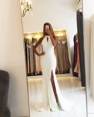 Ivory Satin Halter Mermaid Backless Evening Gowns Open Back Prom Dress