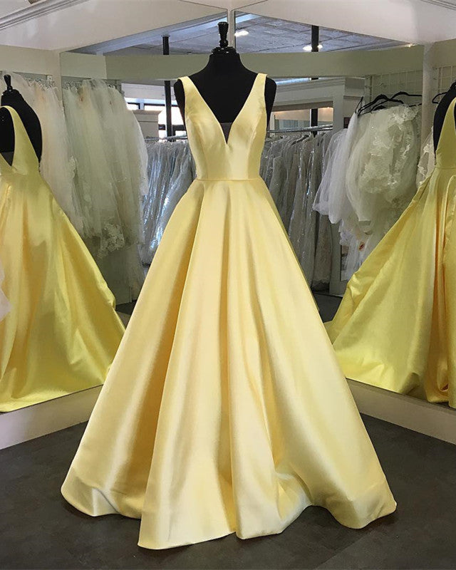 Deep V-neck Long Satin Floor Length Prom Dress Backless Evening Gowns