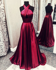 Long Satin Open Back Prom Dresses Halter Top