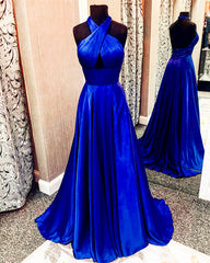 Long Satin Open Back Prom Dresses Halter Top