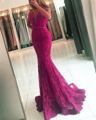 Elegant V Neck Long Lace Mermaid Evening Dresses