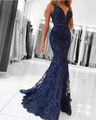 Elegant V Neck Long Lace Mermaid Evening Dresses