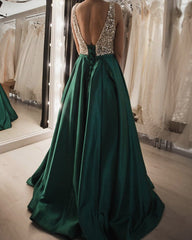 Luxurious Sequin Beaded V Neck Long Satin Prom Dresses