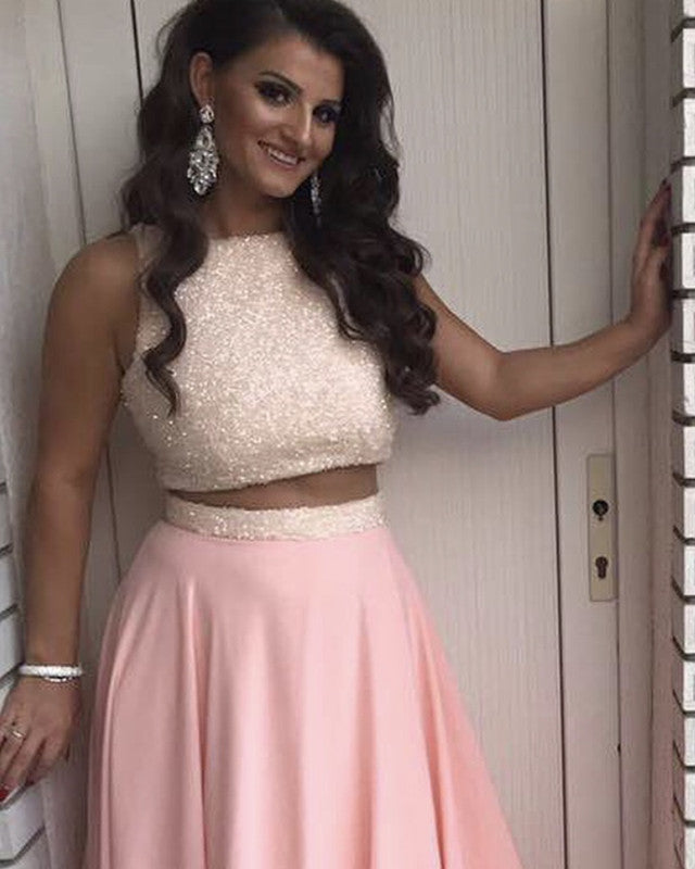 Luxury Sequins Top Long Chiffon Prom Dresses Two Piece