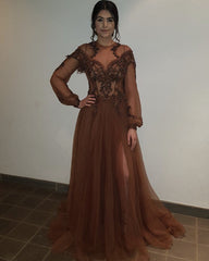 Sheer Long Sleeves Tulle Evening Dresses Leg Split Prom Gowns