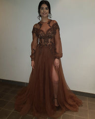 Sheer Long Sleeves Tulle Evening Dresses Leg Split Prom Gowns