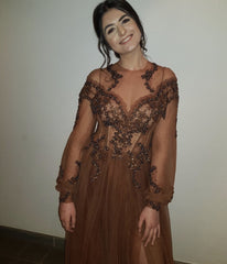 Sheer Long Sleeves Tulle Evening Dresses Leg Split Prom Gowns