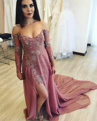 Long Sleeves V-neck Lace Prom Dresses Off Shoulder Evening Gowns