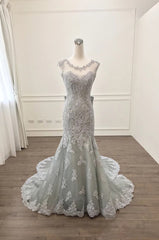 Elegant Silver Lace Bow Back Mermaid Evening Gown Dresses