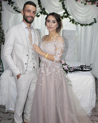 Modest Lace Appliques Tulle Evening Prom Dresses With Sleeves