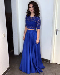 Lace Crop Floor Length Satin Prom Dresses Two Piece