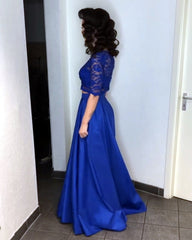 Lace Crop Floor Length Satin Prom Dresses Two Piece