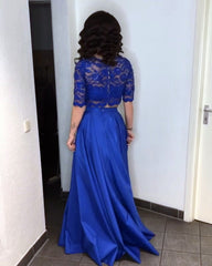 Lace Crop Floor Length Satin Prom Dresses Two Piece