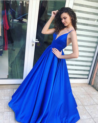 Deep V-neck Long Satin Royal Blue Evening Dresses