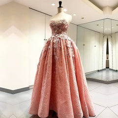 Elegant Handmade Flower Sweetheart Pink Lace Prom Dresses