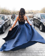 Navy Blue Long Velvet Evening Dresses Open Back Prom Gowns