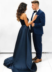 Navy Blue Long Velvet Evening Dresses Open Back Prom Gowns