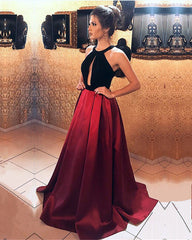 Black Velvet Top Open Back Satin Prom Dresses Long