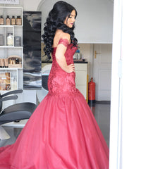 Burgundy Lace Appliques Tulle Mermaid Evening Gowns Off Shoulder