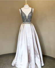Sparkle Sequin Beaded V-neck Long Satin Prom Dresses