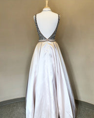 Sparkle Sequin Beaded V-neck Long Satin Prom Dresses
