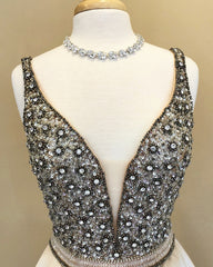 Sparkle Sequin Beaded V-neck Long Satin Prom Dresses