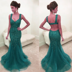 Royal Blue Crystal Beaded Mermaid Backless Evening Gowns