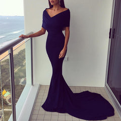 Deep V Neck Off Shoulder Long Mermaid Evening Gowns