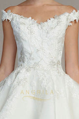 Silk Off-the-Shoulder Ball Gown Wedding Dresses with Lace Appliques