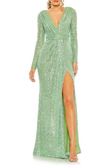 Elegant V-neck sequin long sleeved and floor length front slit evening dress