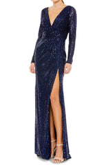 Elegant V-neck sequin long sleeved and floor length front slit evening dress