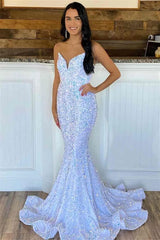 2024 Iridescent Sequins V Neck Long Evening Dress UK Mermaid Prom Dress White