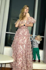 A Line Pink Green Flower Strapless Corset Tulle Long Prom Dress Off Shoulder