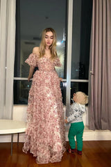 A Line Pink Green Flower Strapless Corset Tulle Long Prom Dress Off Shoulder