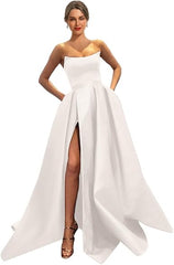 Womens Long Strapless Satin Prom Dress Sleeveless Slit Evening Ball Gown Off Shoulder Party Dress Wholesale