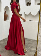 One Shoulder A Line Satin Bridesmaid Dress With Ruffle Short Sleeves Sweep Train Elegant Evening Dress