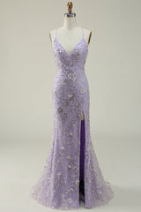 Mermaid Spaghetti Straps Purple Long Prom Dress with Beading V-neck With Slit