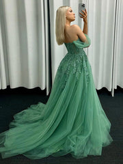 A-Line Off Shoulder Tulle Lace Green Long Prom Dress Formal Dress with Appliques