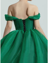 Ball Gown Prom Dresses Luxurious Dress Quinceanera Prom Sweep / Brush Train Short Sleeve Off Shoulder Organza with Sleek Pleats Elegant
