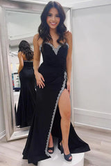 Wholesale Black Sweetheart Satin Beaded Mermaid Long Prom Dress with Slit Charming Evening Party Dress