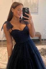 Sweetheart Navy Blue Tulle Long Prom Dress Sleeveless Floor Length Sexy Evening Dress