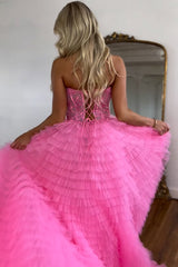 A Line Sweetheart Tiered Long Corset Prom Dress With Lace Off Shoulder With Slit