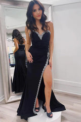 Wholesale Black Sweetheart Satin Beaded Mermaid Long Prom Dress with Slit Charming Evening Party Dress