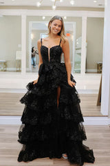 Black Sweetheart Tiered Sequin Lace Long Prom Dresses Sparkly Evening Dress With Slit