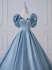 A-Line Princess Satin Blue Long Prom Dress Quinceanera Dress Elegant Evening Dress